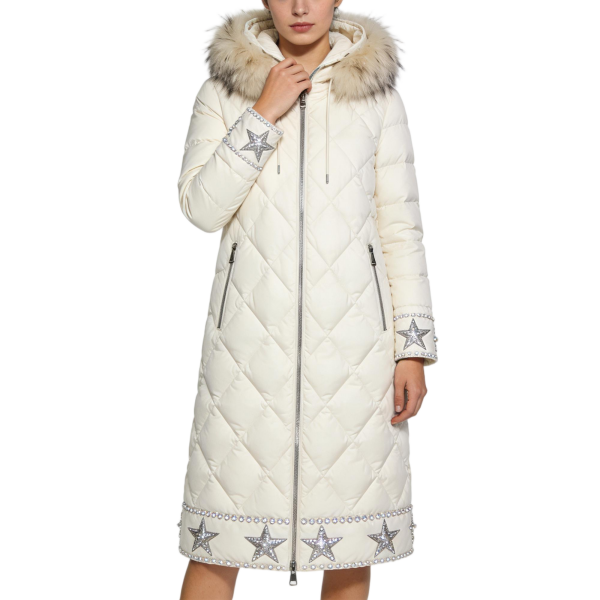 Ivory Quilted Puffer Coat with Fur Hood and Star Embellishments